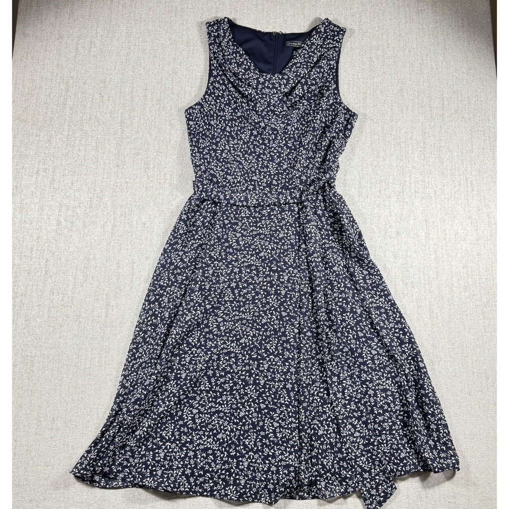 Jessica Howard Womens 10 Navy Blue Floral Cowl Neck Belted Fit Flare Dress